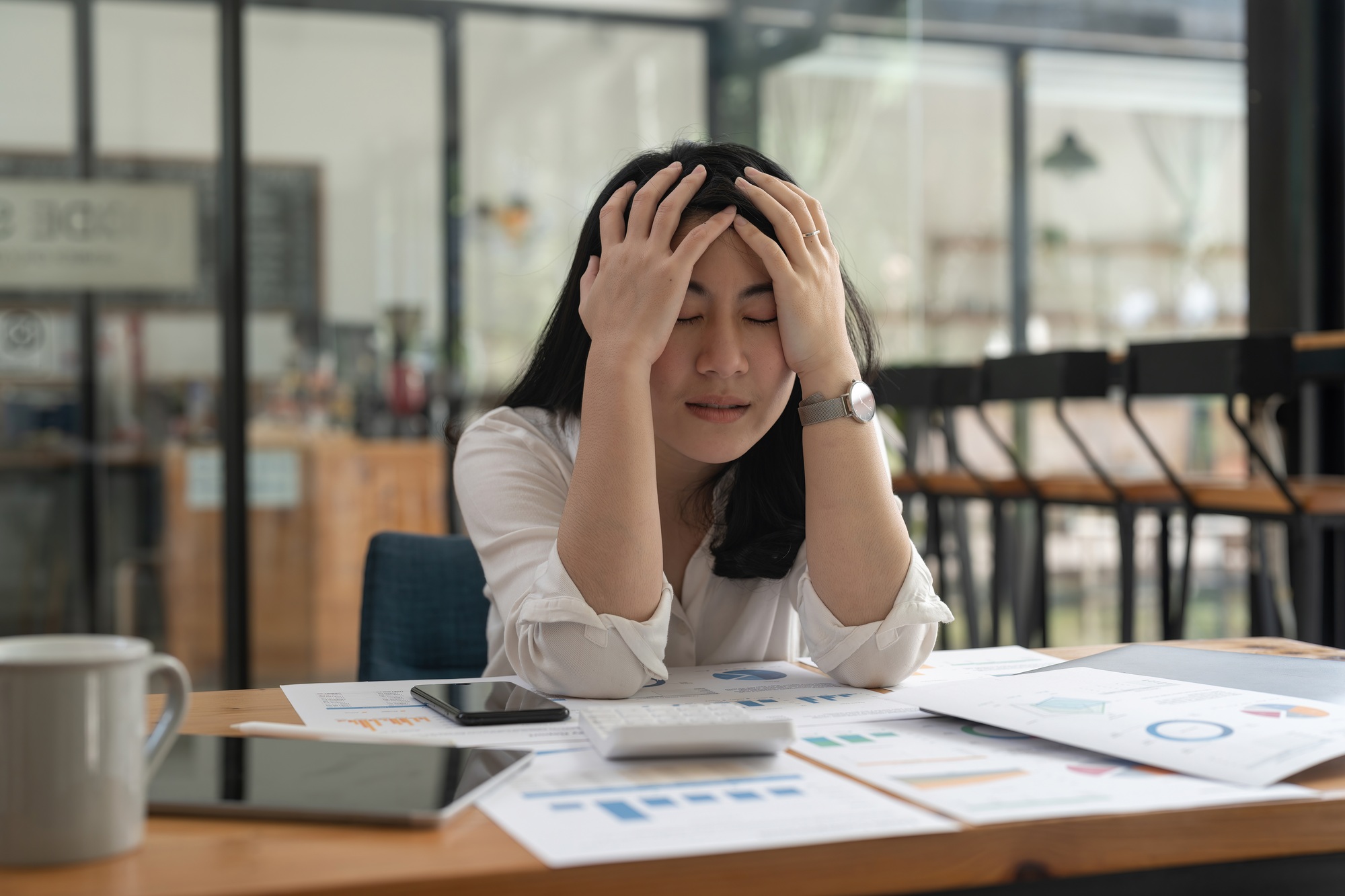 Bored Workaholic Accountant Employee With Headache And Stress